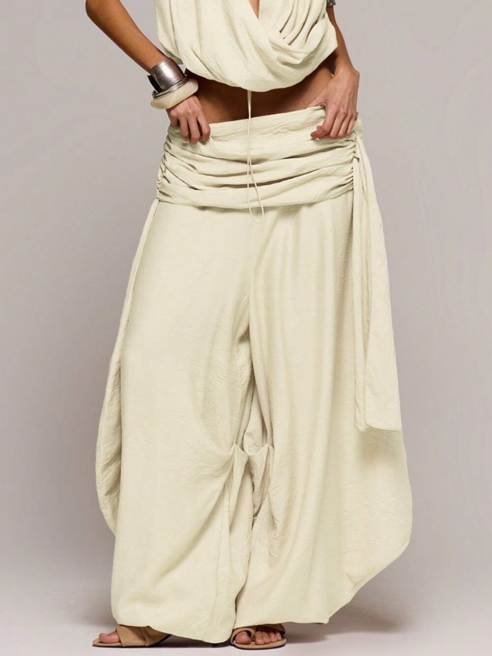 Cream Elegant Women's Low Rise Textured Wide Leg Trousers